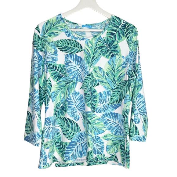 J. McLaughlin Tropical Print 3/4 Sleeve Round Neck Blouse Green/Blue Women's XL - Picture 1 of 7